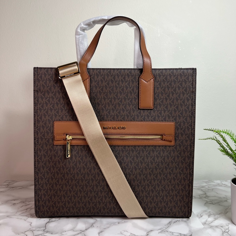 Michael Kors Kenly Large North South Tote Satchel Brown MK Luggage XL Crossbody